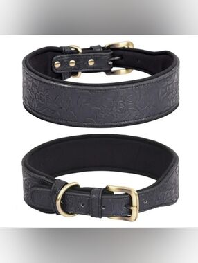 Embossed Faux Leather Dog Collar Black  Rose Print New